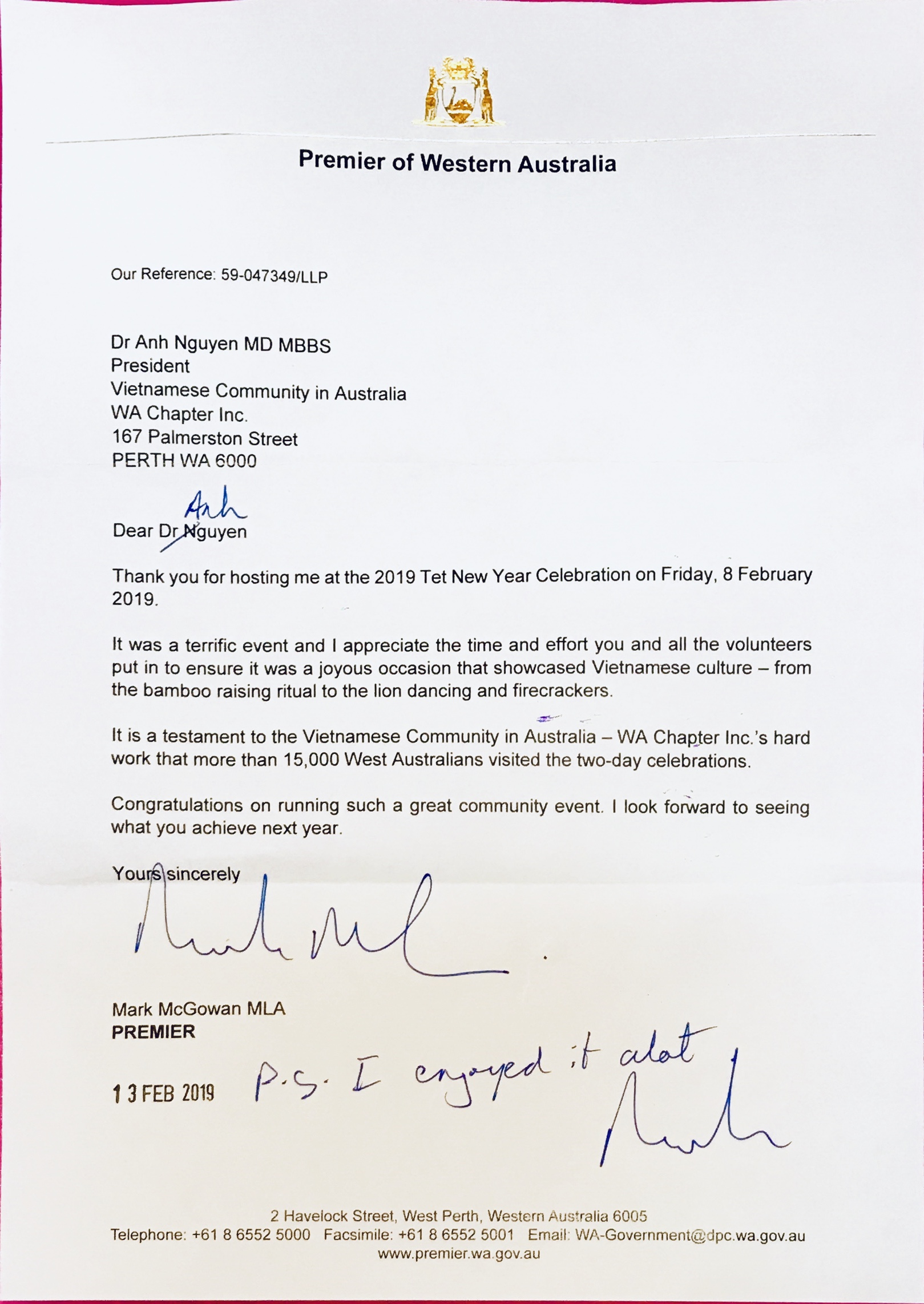 letter from the premier of WA