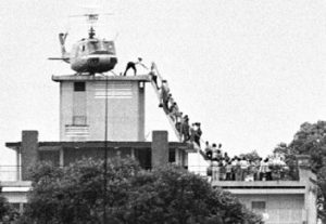 Iconic photo of an American helicopter evacuating people from the roof top in April 1975